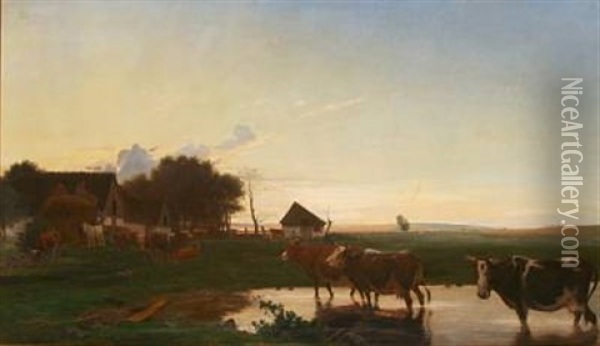 Koer Ved En Bondegaard - Sildig Eftermiddag (cows By A Farm, Late Afternoon) Oil Painting - Otto Haslund