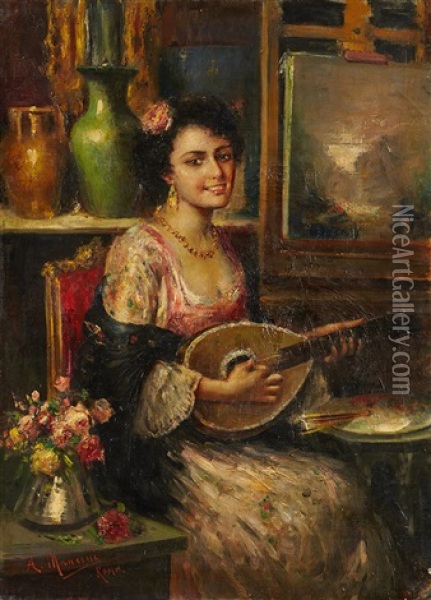 Jeune Musicienne Dans L'atelier Du Peintre Oil Painting - Antonio Mancini