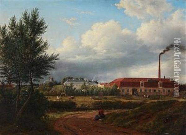 View Of Amager With Councillor L. P. Holmblad's Oil Mill And Candle Factory, In The Middle Mr. Holmblad's State Mansion, Former The Headquarters Of Amagerbanken, Now Banknordik. Amagerbrogade Is Situated Behind The Buildings Oil Painting - Frederik Christian Jacobsen Kiaerskou
