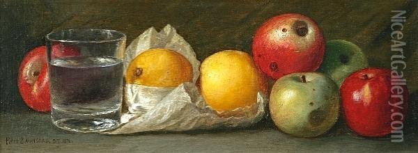 Still Life Of Apples, Pears, And A Glass Of Water Oil Painting - Peter Baumgras