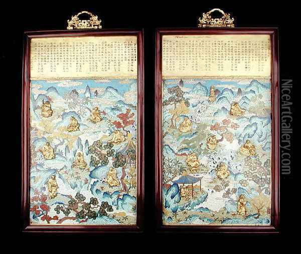 Pair of plaques depicting buddhist figures in a Chinese landscape, Qianlong period, 1736-95 Oil Painting - Anonymous Artist