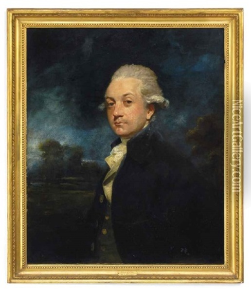 Portrait Of A Gentleman In A Blue Coat And White Cravat A Landscape Beyond Oil Painting - Sir William Beechey