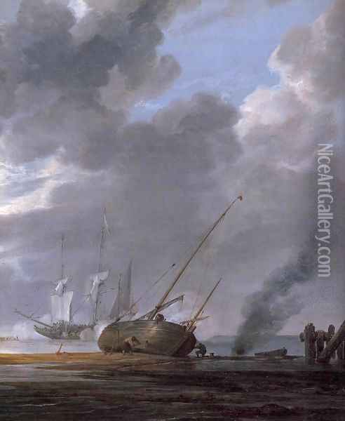 Seascape in the Morning (detail) Oil Painting - Simon De Vlieger
