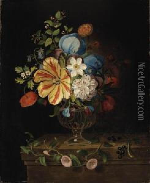 Flowers In A Glass Vase With Blackcurrants On A Ledge Oil Painting - Martin Van Dorne