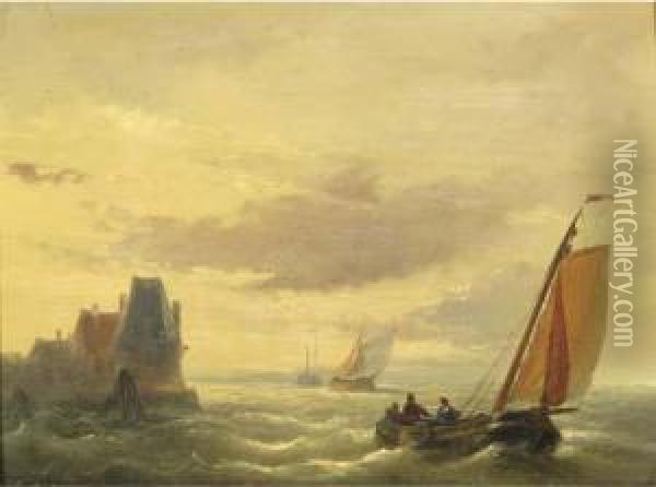Sailing Vessels By A Coast Oil Painting - Christiaan Dreibholtz