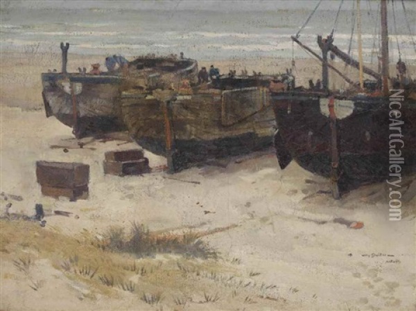 Bomschuiten On The Beach, Katwijk Oil Painting - Willy Sluijter