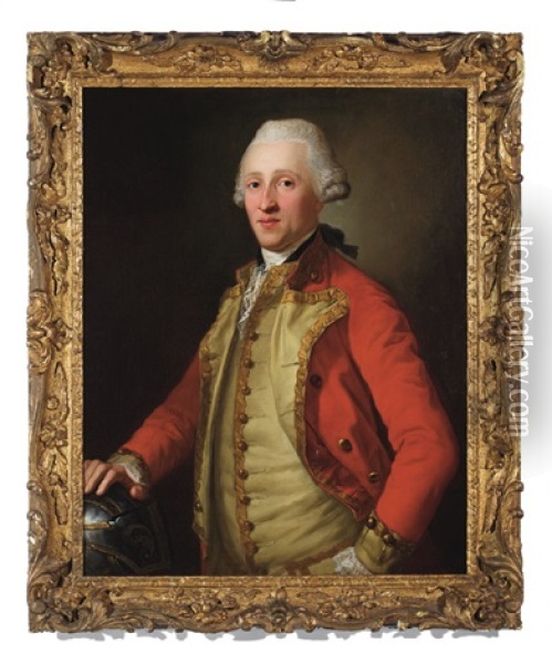 Portrait Of An Eighteenth Century Gentleman In Gold Trimmed Red Coat Oil Painting - Anton von Maron
