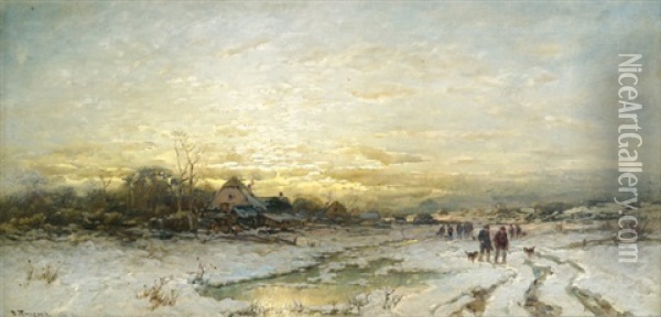 Abendliche Winterlandschaft Mit Jagdgesellschaft Oil Painting - Desire Thomassin