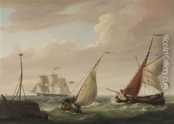 Sailing Vessels Near The Harbour Entrance Oil Painting - Casparus Johannes Morel