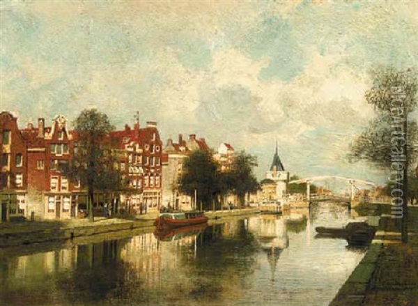 A View Of The Geldersekade With The Schreierstoren In The Distance Oil Painting - Johannes Christiaan Karel Klinkenberg