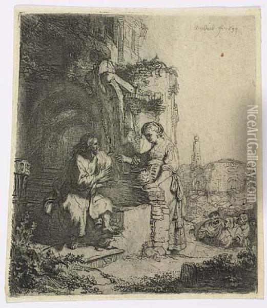 Christ And The Woman Of Samaria Among Ruins<</b> Oil Painting - Rembrandt Van Rijn