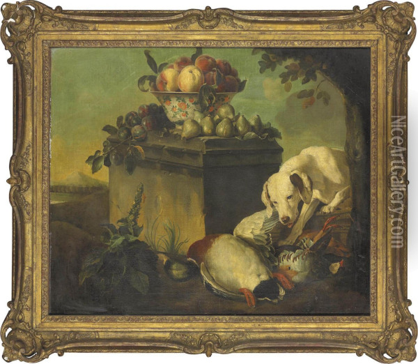 A Hound With A Duck And Partridges, A Bowl Of Peaches Oil Painting - Claude Francois Desportes