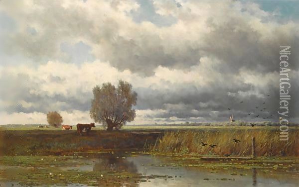 Cows In A Summer Landscape Oil Painting - Willem Roelofs