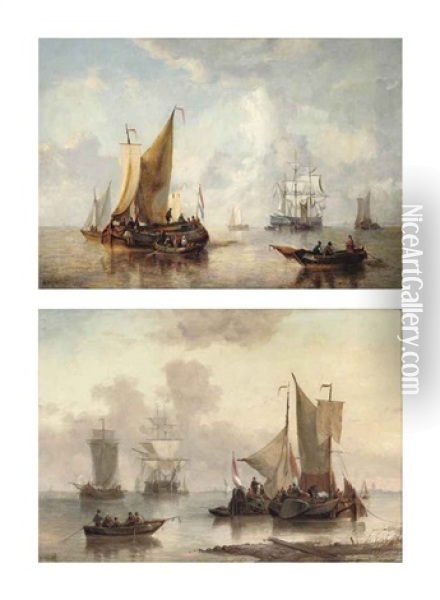 Sailing Off The Dutch Coast (pair) Oil Painting - George Willem Opdenhoff