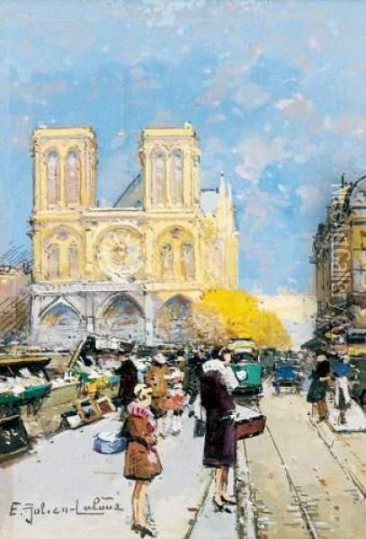 Les Bouquinistes Vers Notre-dame Oil Painting - Eugene Galien-Laloue