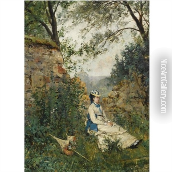 A Summer Landscape With An Elegant Lady At Rest Oil Painting - Ricardo (Federico) Corchon y Diaque