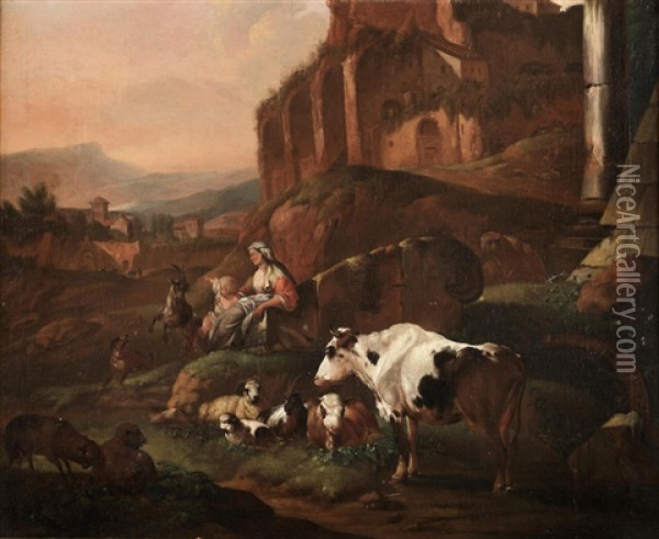 A Shepherdess With A Child Resting In A Rocky Landscape With Her Flock Oil Painting - Johann Heinrich Roos