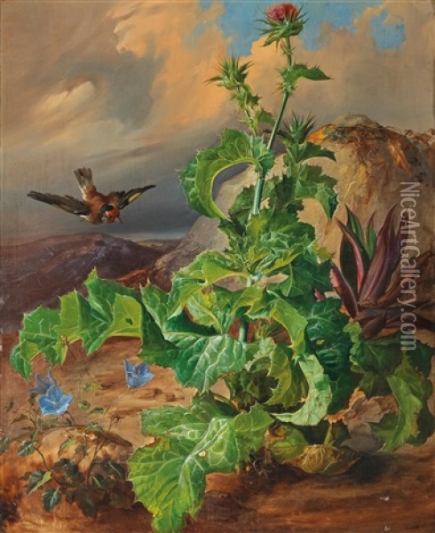 Still Life With Thistles And Flying Bird Oil Painting - Franz Xaver Gruber
