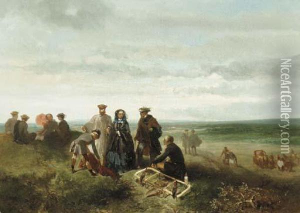 Chasse Au Faucon; An Elegant Company During A Falcon Hunt Oil Painting - Charles Rochussen