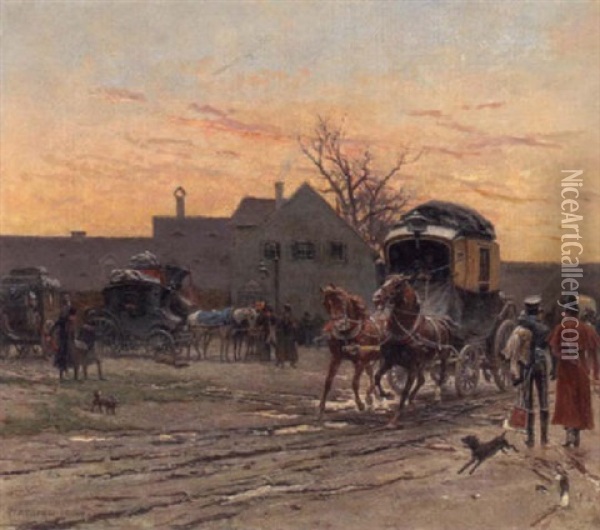 A Coach And Horses Leaving An Inn With Military Figures In The Foreground Oil Painting - Pius Ferdinand Messerschmitt