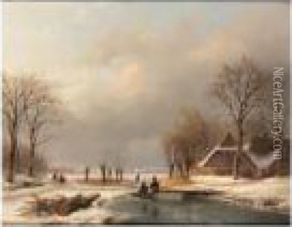 A Winter Landscape With 
Sportsmen Conversing On The Ice, A Peasantcouple On A Path And Farms 
Beyond Oil Painting - Andreas Schelfhout