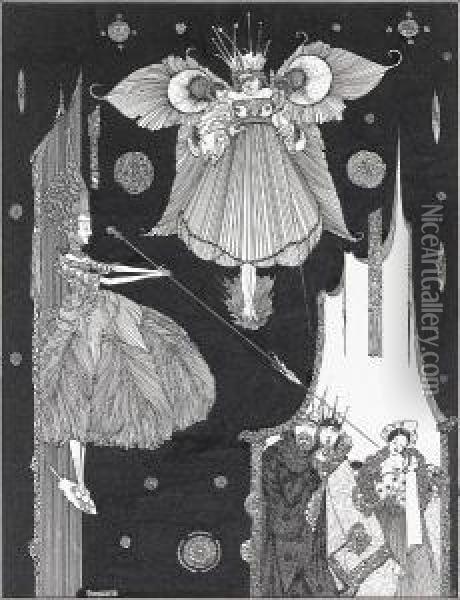 At This Very Instant The Young Fairy Came Outfrom Behind The Hangings Oil Painting - Harry Clarke