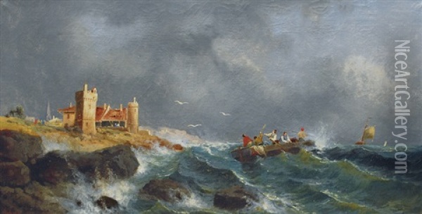 Fishing Boat At The Stormy Coast Of Yorkshire Oil Painting - Henry Redmore