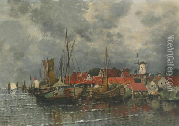 Fishing Boats In A Village Harbour Oil Painting - Karl Heffner