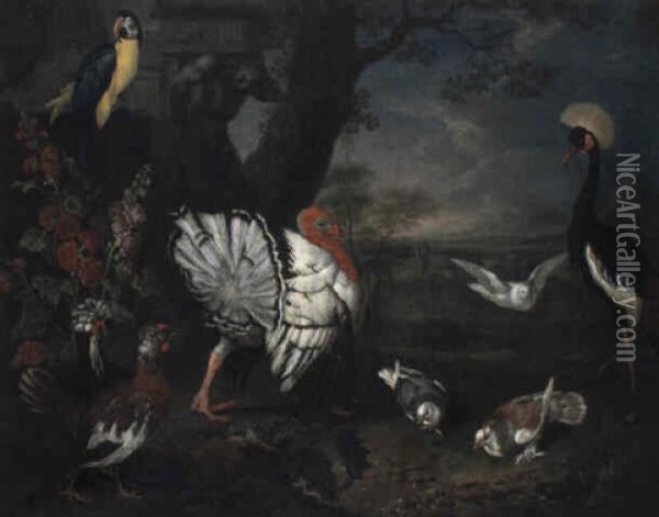 Dindon Et Perroquet Dans Une Basse-cour Oil Painting - Philipp Ferdinand de Hamilton