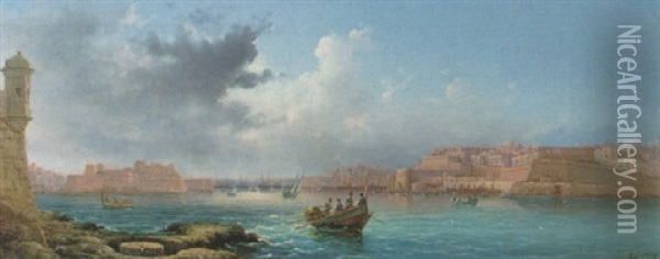 Valetta Harbour From Rcasoli Point, Malta Oil Painting - Luigi Maria Galea