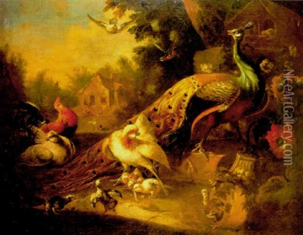 Aves En Un Paisaje Oil Painting - Melchior de Hondecoeter