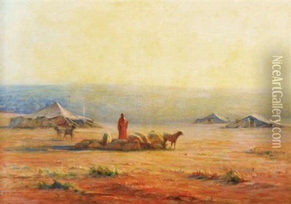 Campement Et Troupeau Au Soleil Levant Oil Painting - Georges Ricard-Cordingley