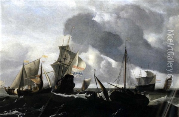 Ein Hollandisches Kriegsschiff Und Andere Schiffe Auf Bewegter See Oil Painting - Ludolf Backhuysen the Elder