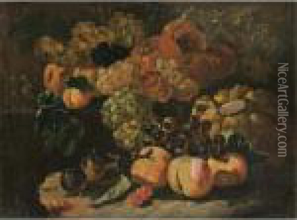 A Still Life With Grapes, Plums,
 Peaches, Apricots, Cherries, A Melon And Various Other Fruit Oil Painting - Fra Angelico (Guido di Pietro)