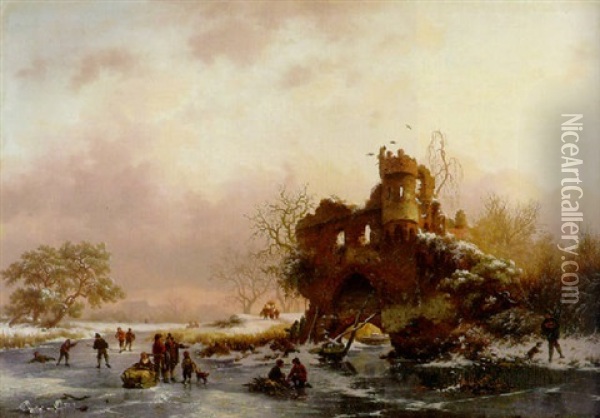 Winter Landscape With Skaters Near A Dilapidated Castle Oil Painting - Frederik Marinus Kruseman