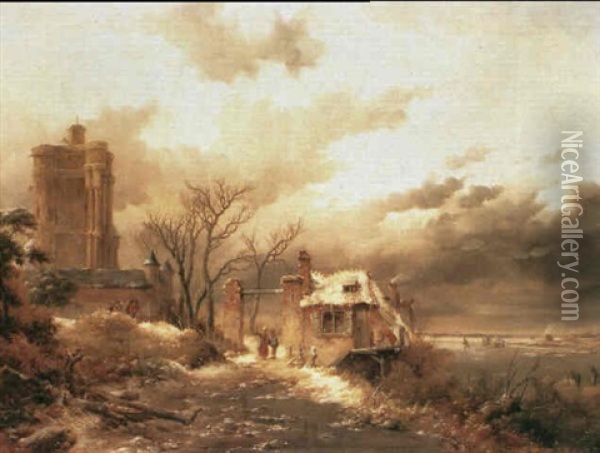 A Winter Landscape With Figures Skating On A Frozen River,  With A Cottage Before A Castle Oil Painting - Frederik Marinus Kruseman