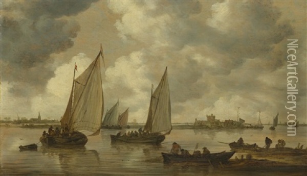 Ships In Dordrecht Harbour With The Ruins Of Huis Te Merwede In The Background Oil Painting - Jan Josefsz. van Goyen