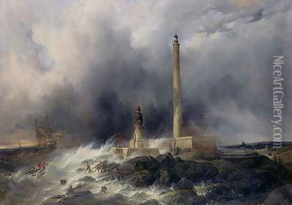 View of the Lighthouse at Gatteville Oil Painting - Jean Louis Petit