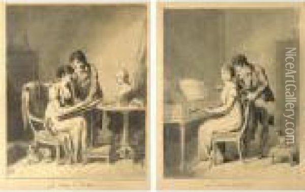 A Pair Of Drawings: A) Recto: La
 Lecon De Dessin; Verso: Perpective Studies; B) Recto: La Lecon De 
Musique, Verso: Architectural Studies Oil Painting - Louis Leopold Boilly