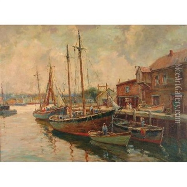 A Harbor Scene In Normandy Oil Painting - William Dudley Brunett Ward Jr.