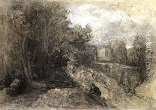 Figures By A Wooded Outcrop With A Distant Aqueduct And Buildings Beyond Oil Painting - Thomas Gainsborough