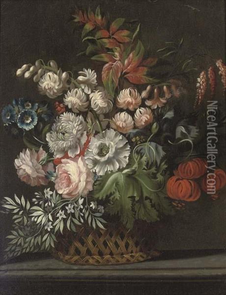 Chrysanthemums, Roses And Other Flowers In A Wicker Basket, On A Ledge Oil Painting - Jan Van Huysum