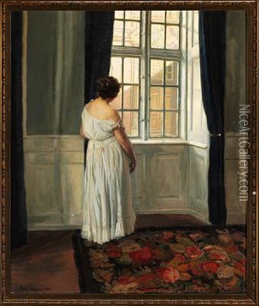 Interior With A Young Woman In A Light White Dress Standing Near A Window Oil Painting - Sally Nikolai Philipsen