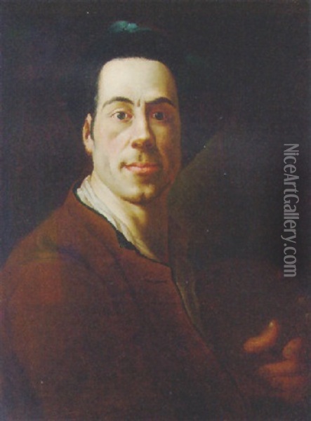 Portrait Of The Artist In A Brown Jacket And A Blue Cap, Holding A Palette Oil Painting - Christian Seybold