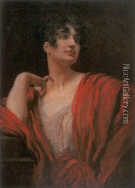 Bildnis Einer Eleganten Dame In Roter Stola Oil Painting - Leopold Schmutzler