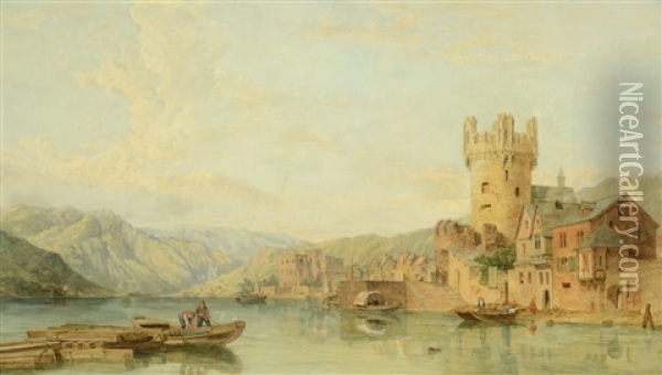 View Of Rhine From Rudesheimwith Adlerturm Tower Oil Painting - George Clarkson Stanfield