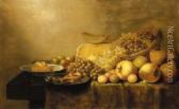 Grapes In A Basket, With Pears, Plums Oil Painting - Floris Gerritsz. van Schooten