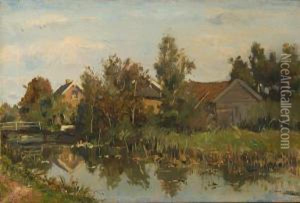 River Scene With Buildings Oil Painting - Jan Sirks