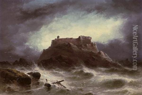 Rough Weather. The Grande Rocque, Cobo Bay, Guernsey Oil Painting - S.L. Kilpack