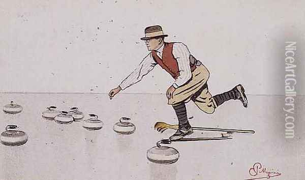 Man casting a stone in a game of curling Oil Painting - Carlo Pellegrini